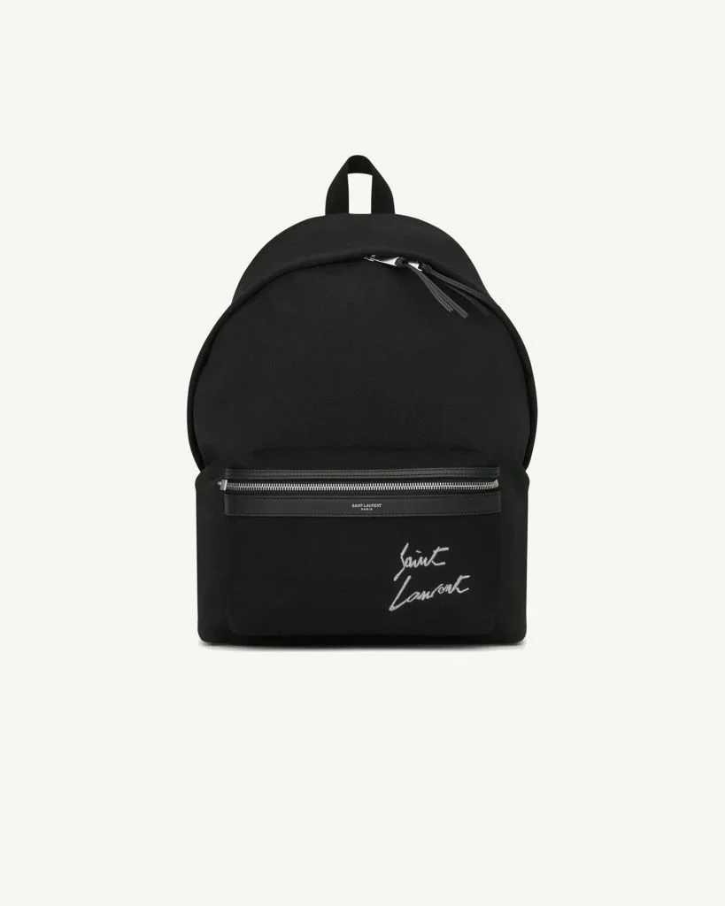 SAINT LAURENT Embroidered City Backpack in Canvas — Black & White