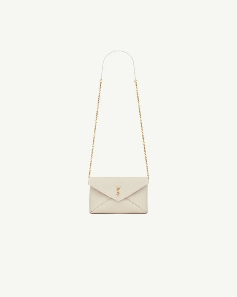 SAINT LAURENT Cassandre Small Chain Clutch in Lambskin — White