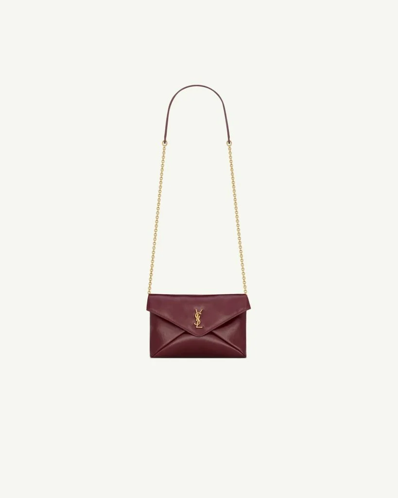 Saint Laurent Cassandre Small Chain Pouch in Shiny Leather – Dark Ruby