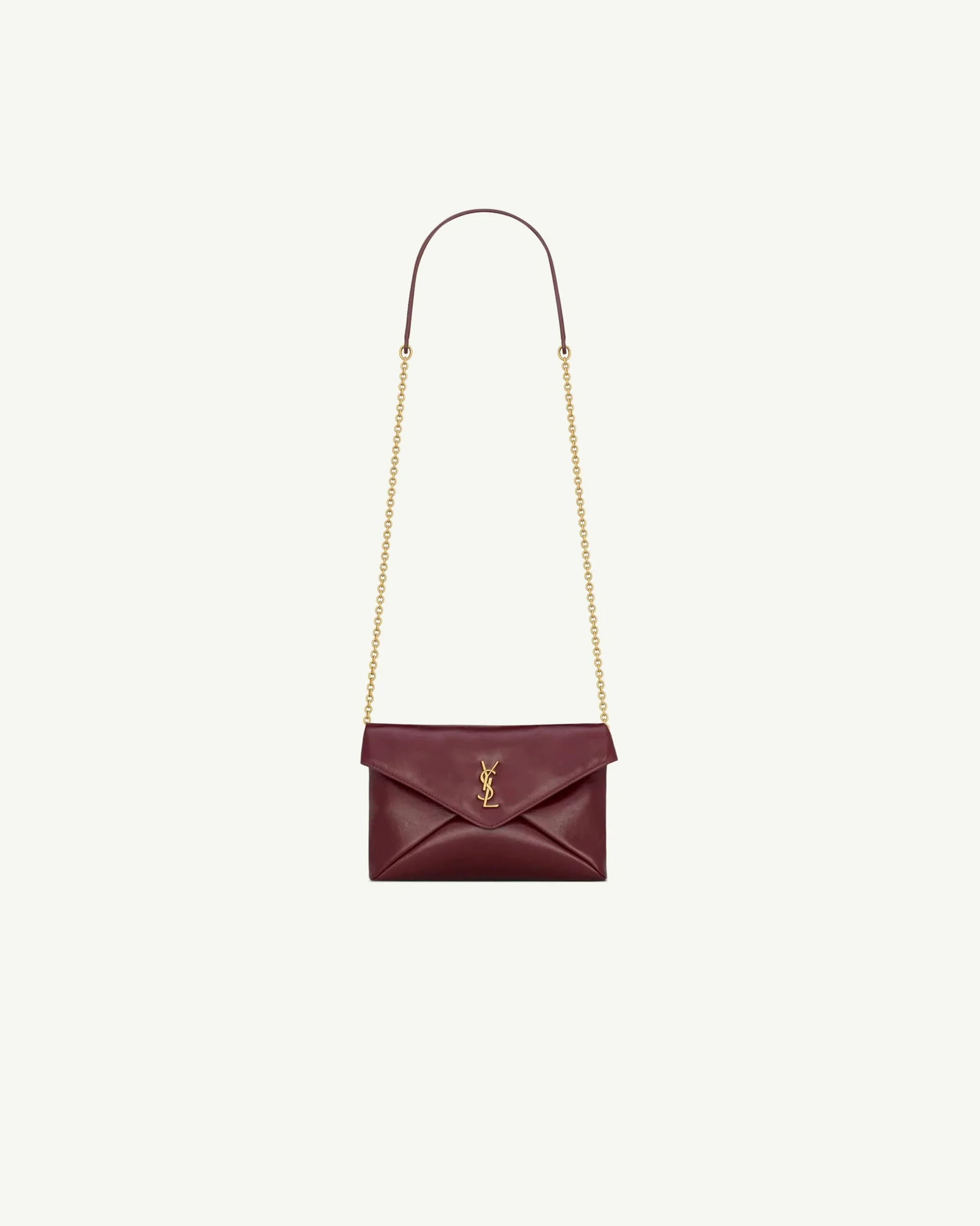 Saint Laurent Cassandre Small Chain Pouch in Shiny Leather – Dark Ruby