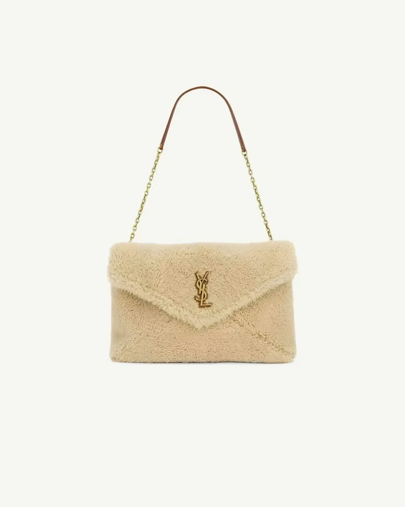 Saint Laurent Envelope Chain Shoulder Bag in Dyed Shearling and Calfskin Leather