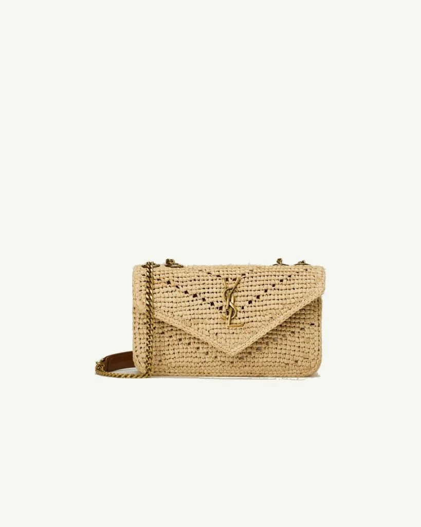 Saint Laurent Envelope Chain Shoulder Bag in Raffia — Natural