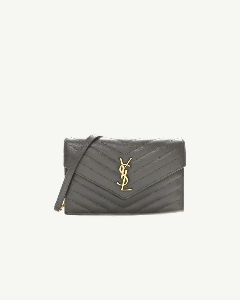 Saint Laurent Grain de Poudre Matelassé Chevron Monogram Envelope Chain Wallet — Pebble
