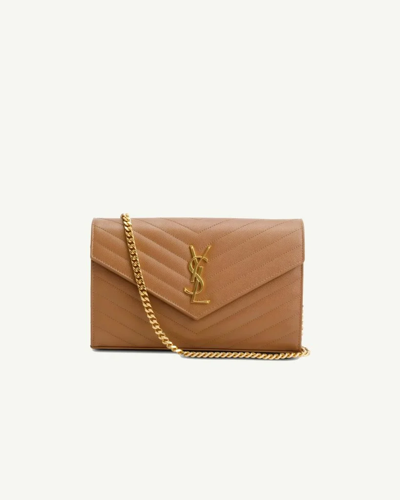 Saint Laurent Monogram Envelope Wallet on Chain — Brown