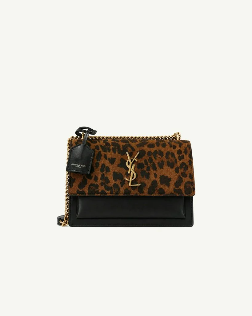 SAINT LAURENT Medium Kate Monogram Chain Shoulder Bag in Leopard Suede and Black Leather