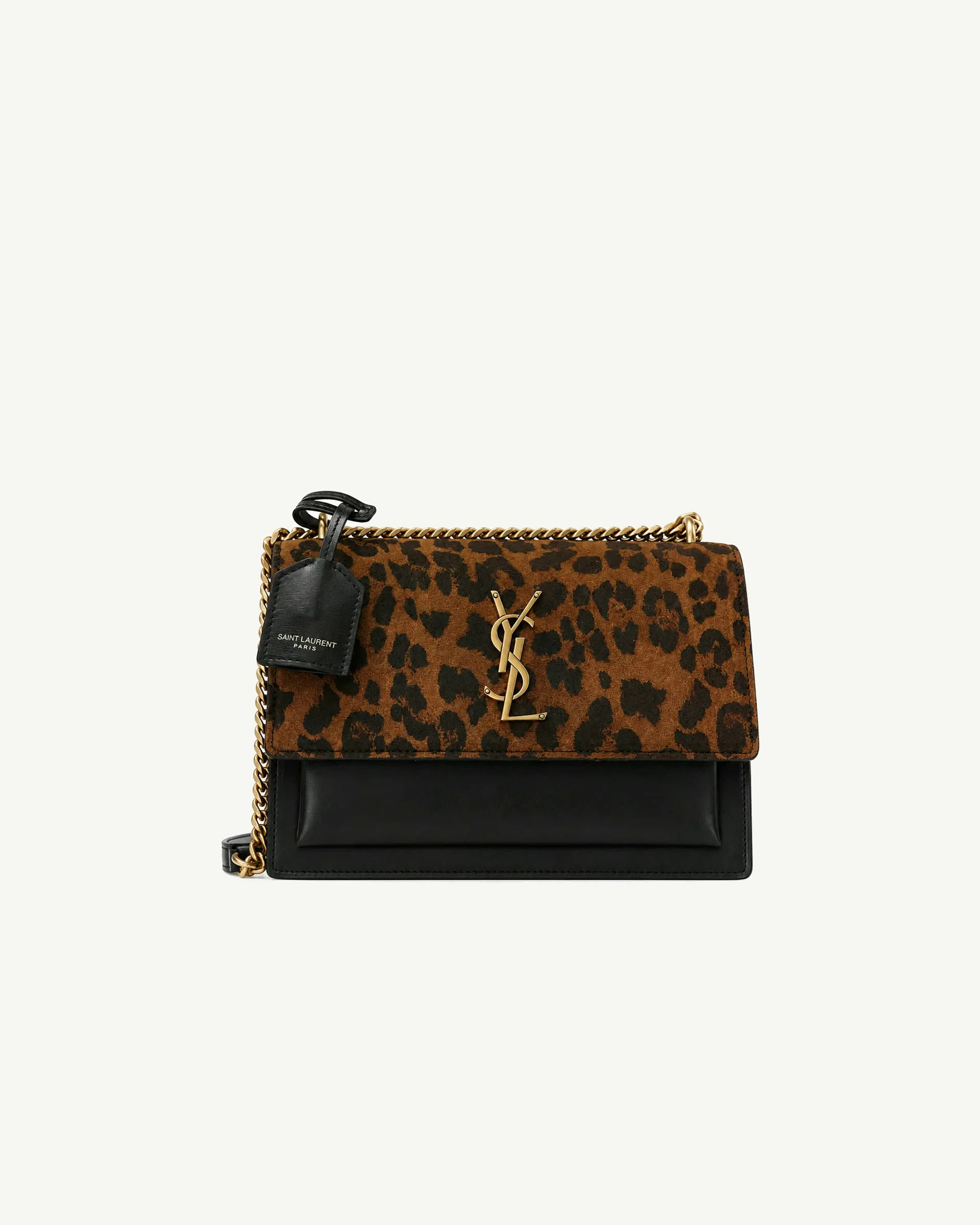 SAINT LAURENT Medium Kate Monogram Chain Shoulder Bag in Leopard Suede and Black Leather