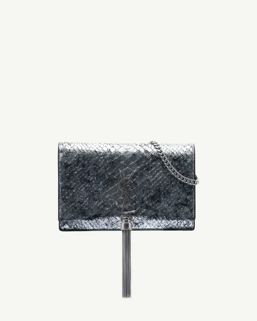 SAINT LAURENT 2019 Python-Embossed Metallic Leather Classic Monogram Kate Tassel Wallet on Chain – Silver