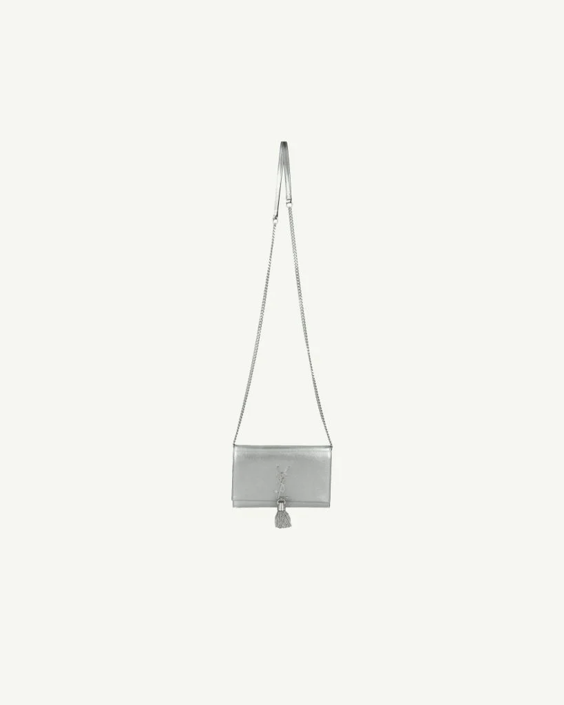 SAINT LAURENT Kate Tassel Bag in Shiny Silver Leather