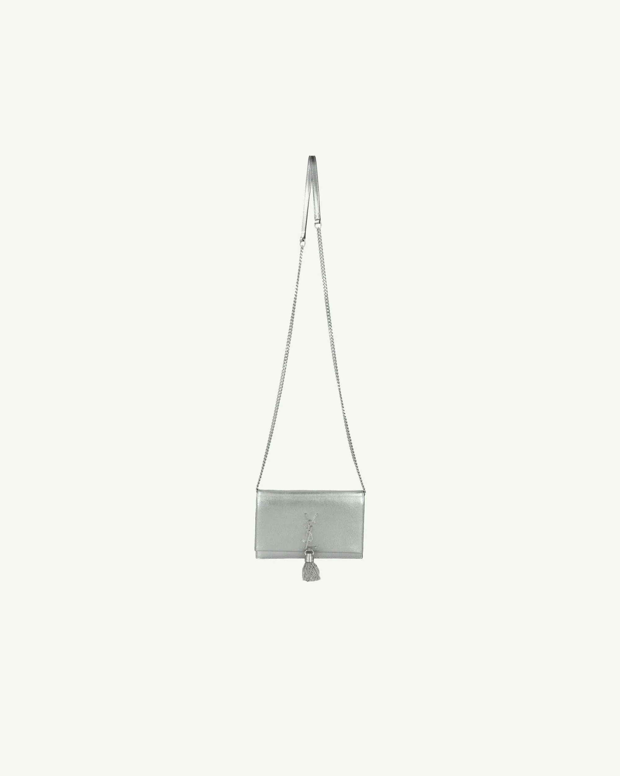 SAINT LAURENT Kate Tassel Bag in Shiny Silver Leather