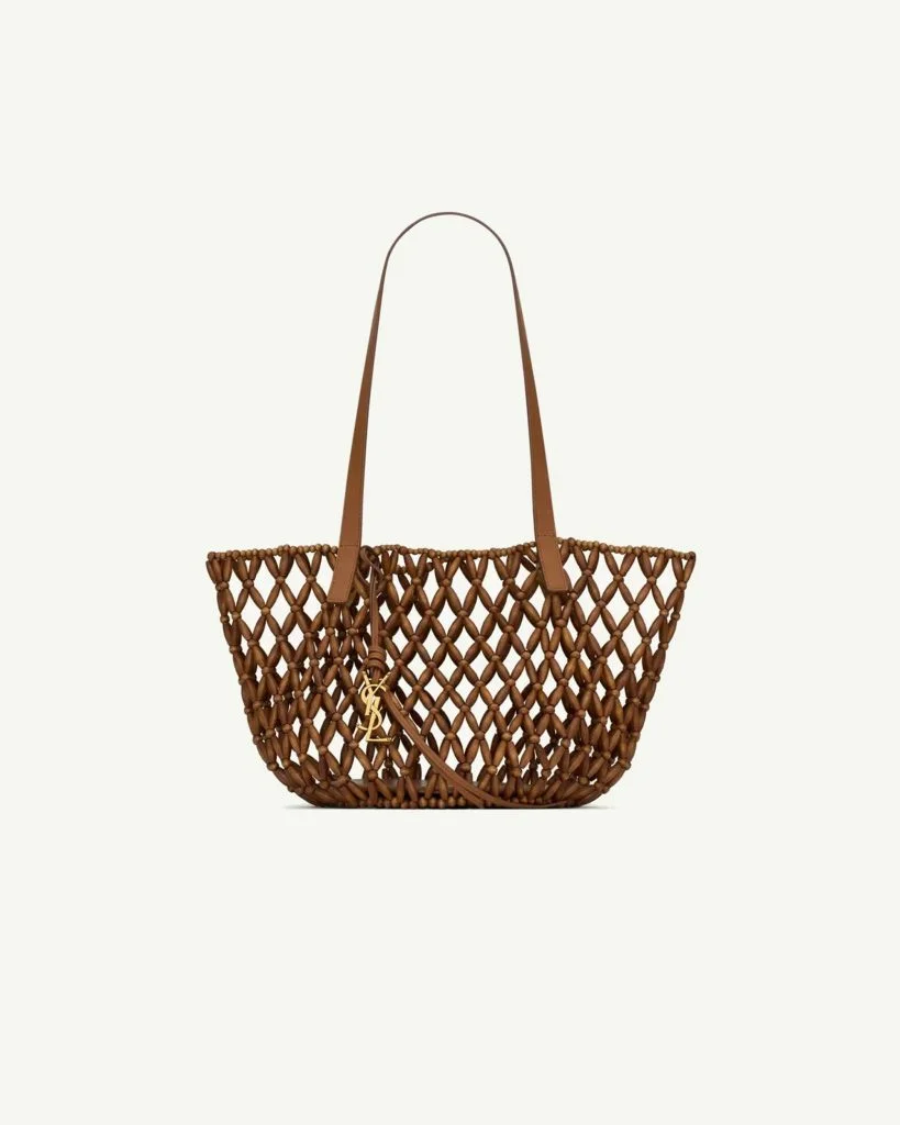 SAINT LAURENT Panier Small in Wood Beads — Light Wood and Brick