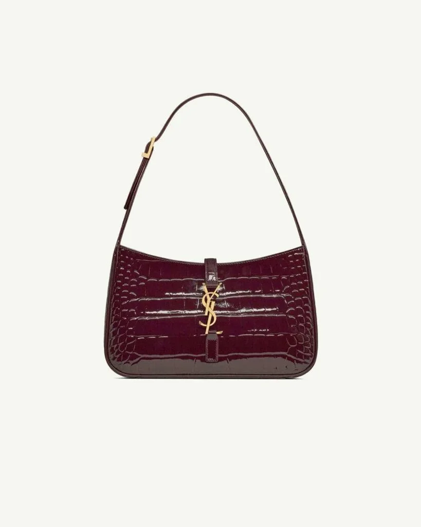 Saint Laurent Le 5 à 7 Croc-Embossed Shoulder Bag — Burgundy