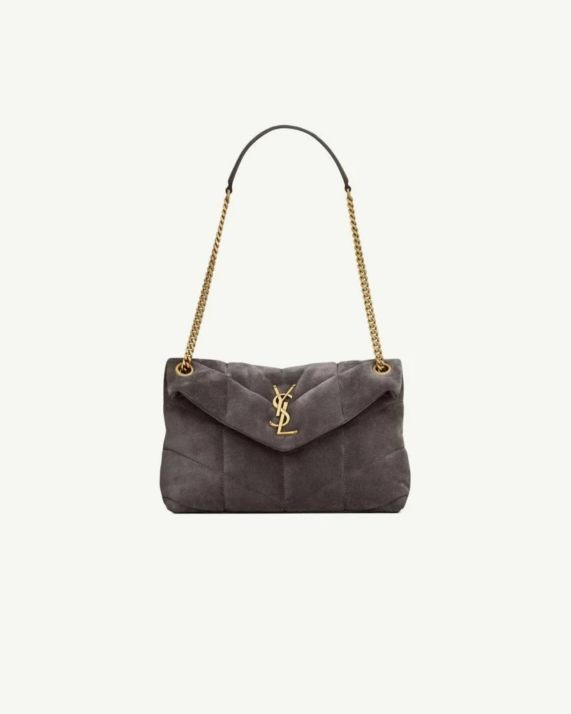SAINT LAURENT Loulou Puffer in Suede — Dark Gray