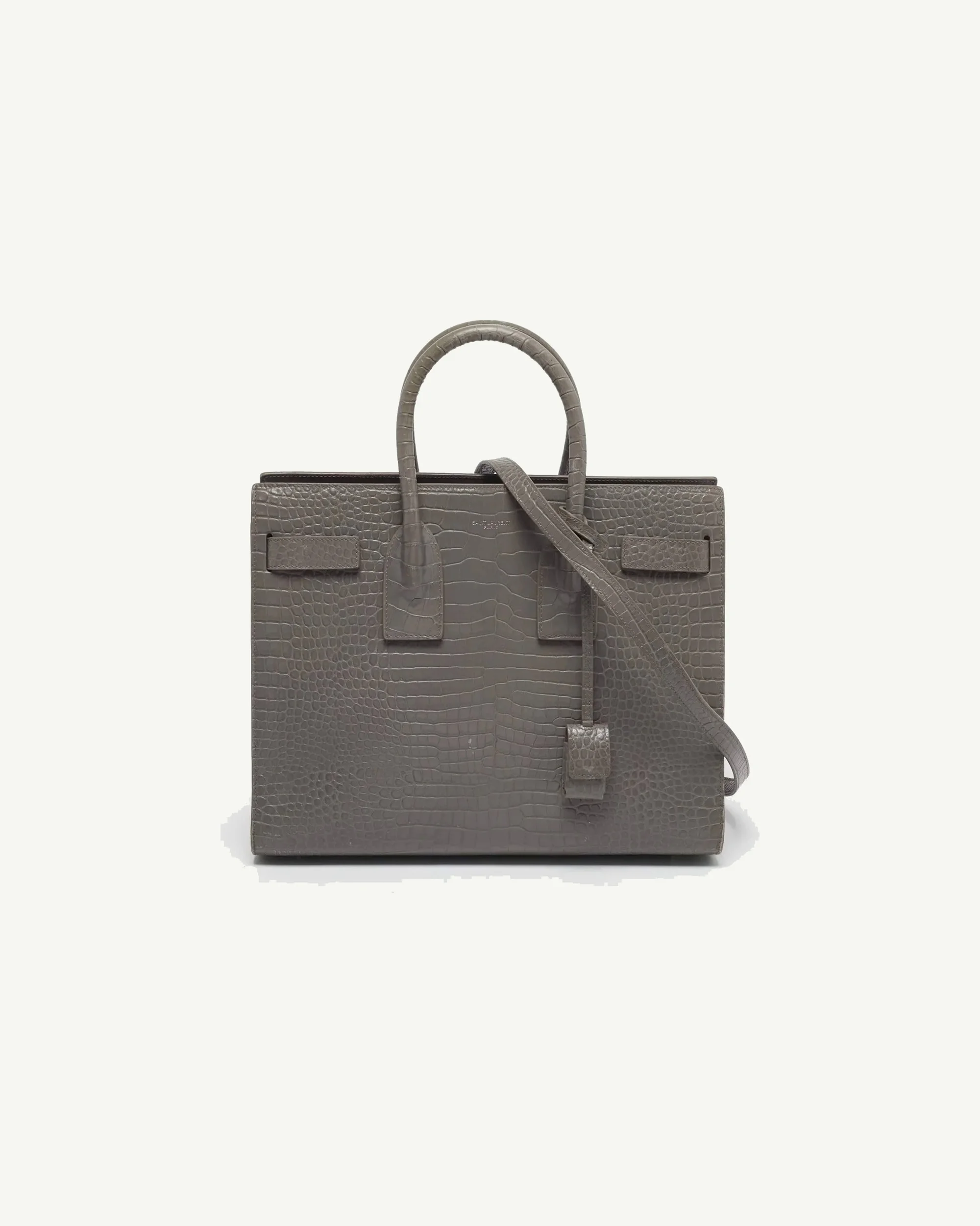 Saint Laurent Classic Sac de Jour Croc-Embossed Leather Bag — Grey