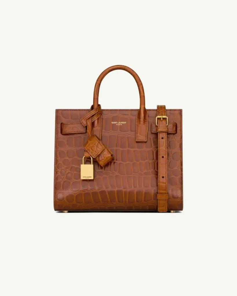 Saint Laurent Sac de Jour Crocodile-Effect Leather Tote Bag — Brown