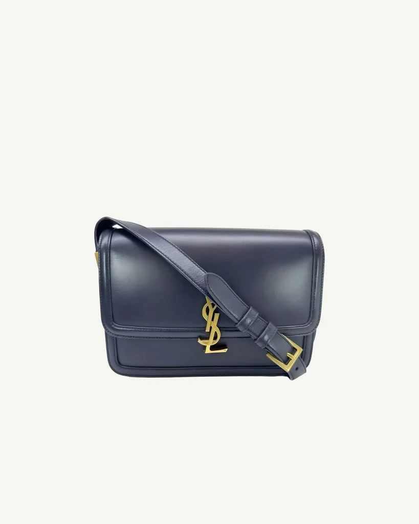 Saint Laurent Box Calfskin Monogram Medium Solferino Satchel in Deep Marine