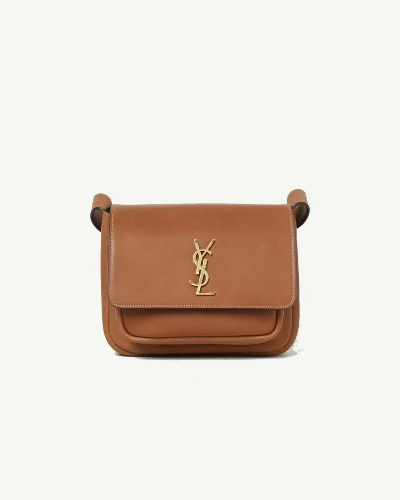 Saint Laurent Smooth Calfskin Monogram Shoulder Bag in Tan Brown