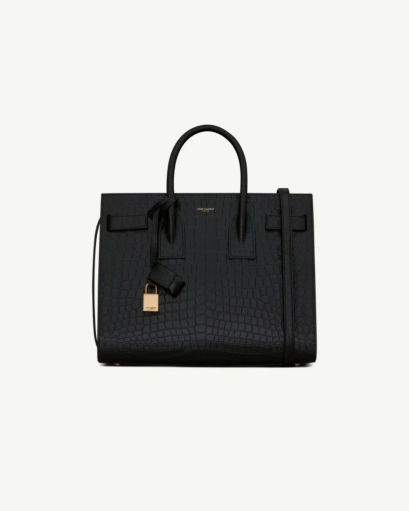 Saint Laurent Sac de Jour Small in Crocodile-Embossed Leather — Black, Bronze Hardware