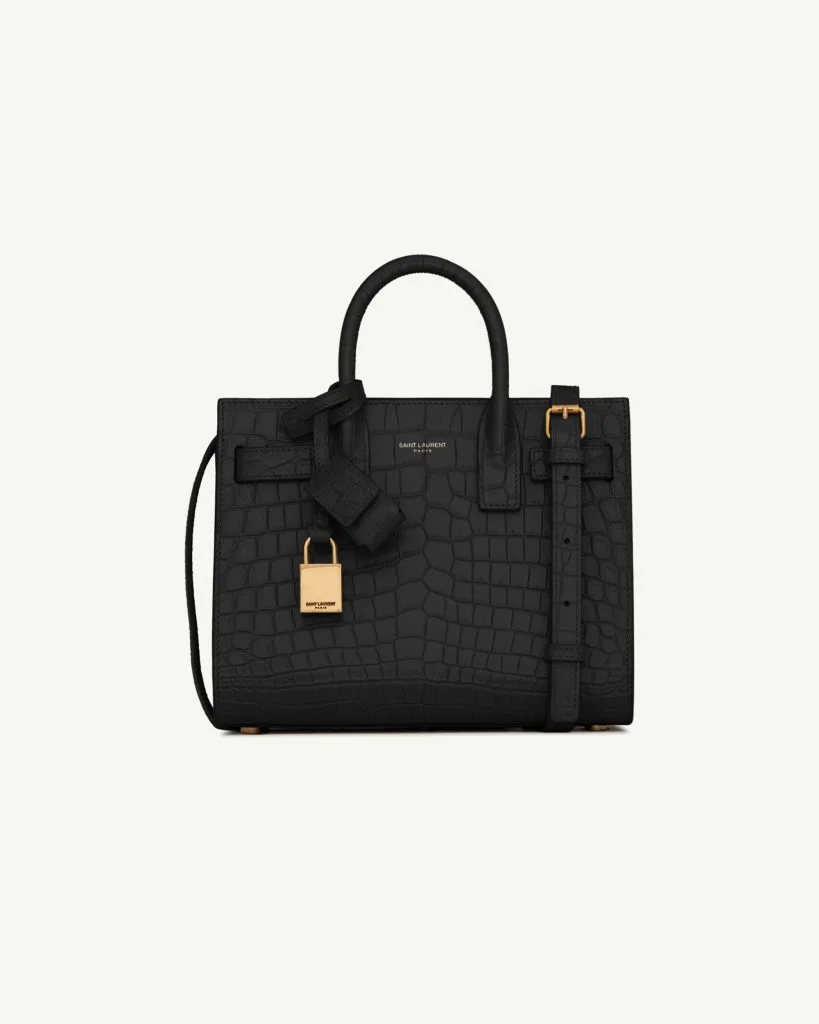 Saint Laurent Sac de Jour Nano in Crocodile-Embossed Leather — Black, Bronze Hardware