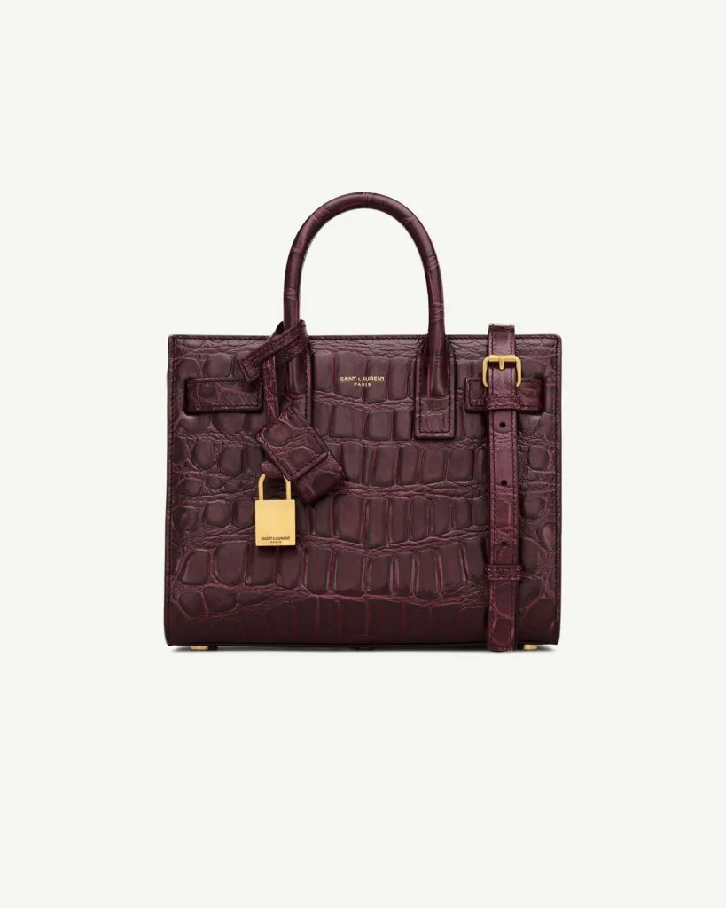 Saint Laurent Sac de Jour Nano in Crocodile-Embossed Leather — Dark Merlot