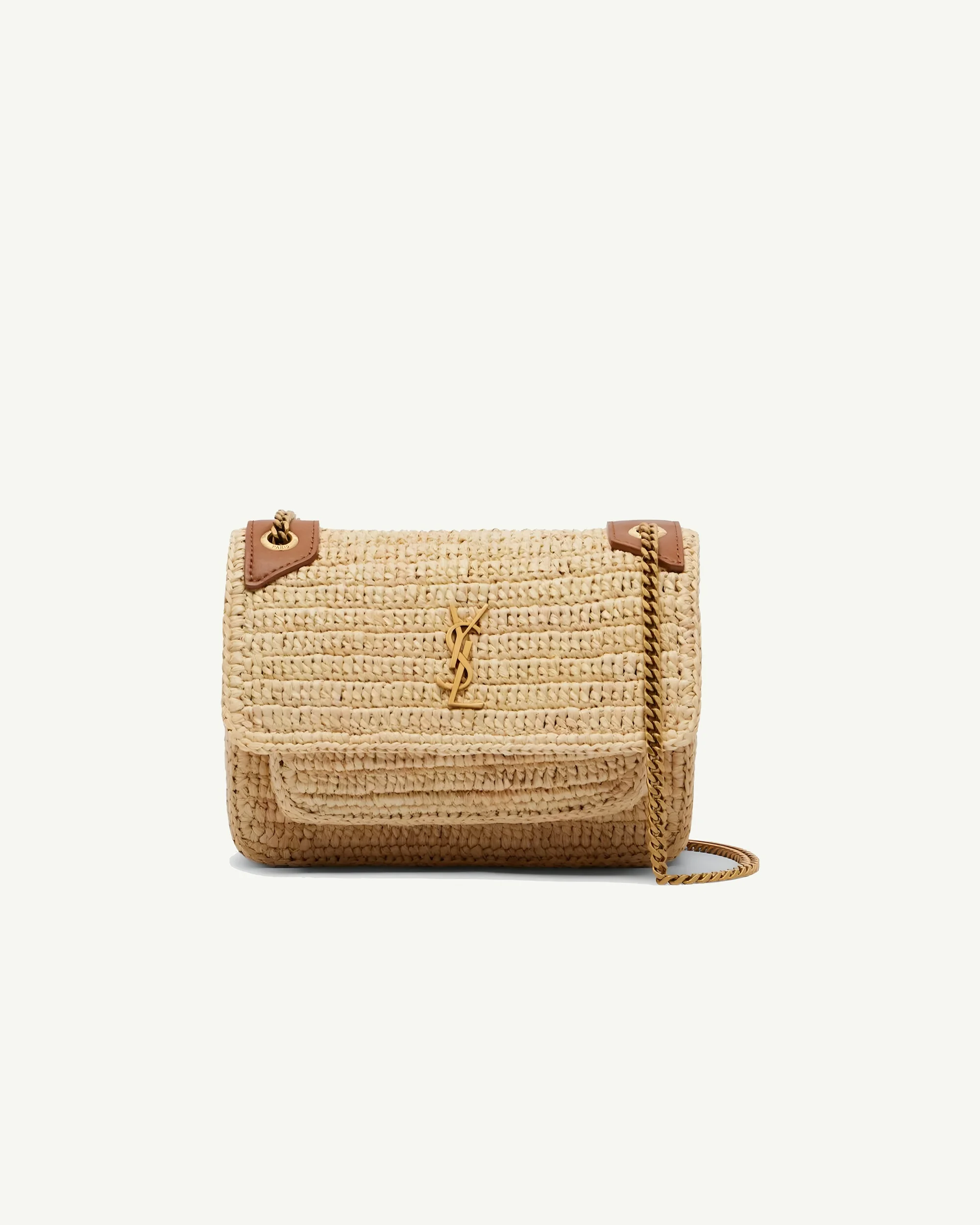 Saint Laurent Niki Mini in Raffia — Natural & Brick