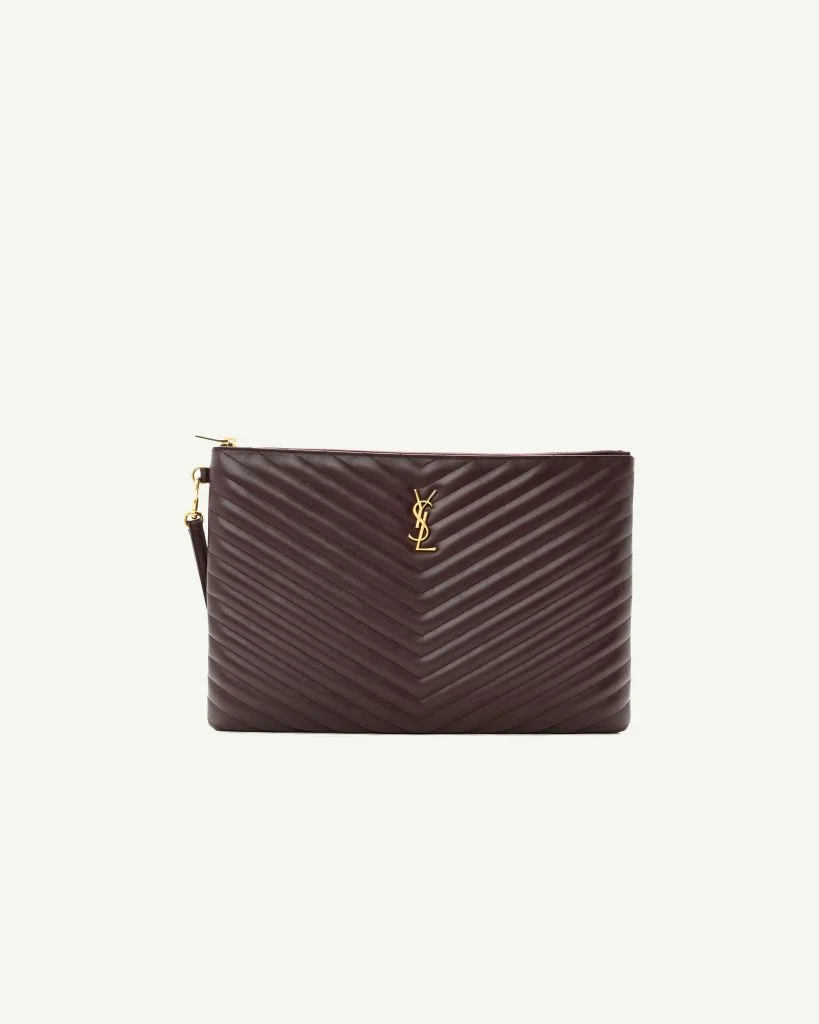 Saint Laurent Calfskin Matelassé Chevron Monogram Document Holder — Amaranto Dark Red