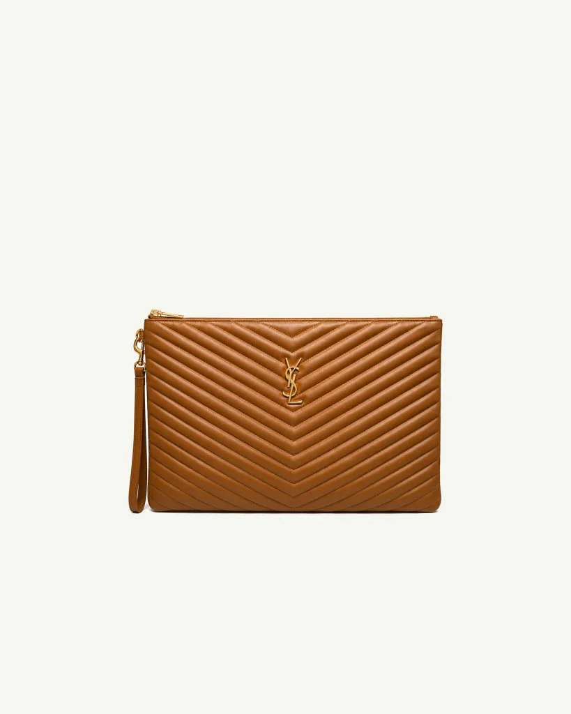 Saint Laurent Monogram Large Quilted Leather Pouch in Caramel Brown