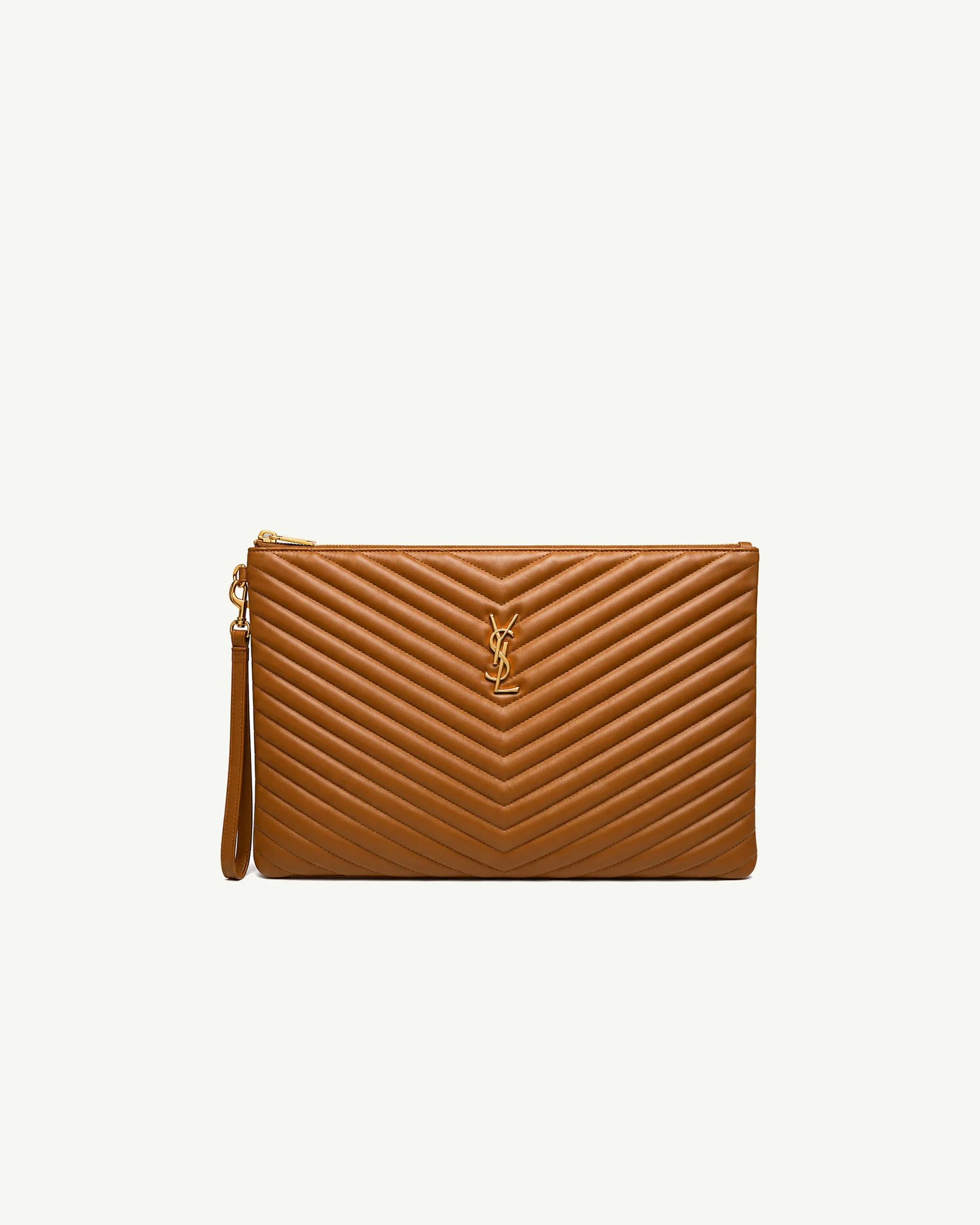 Saint Laurent Monogram Large Quilted Leather Pouch in Caramel Brown
