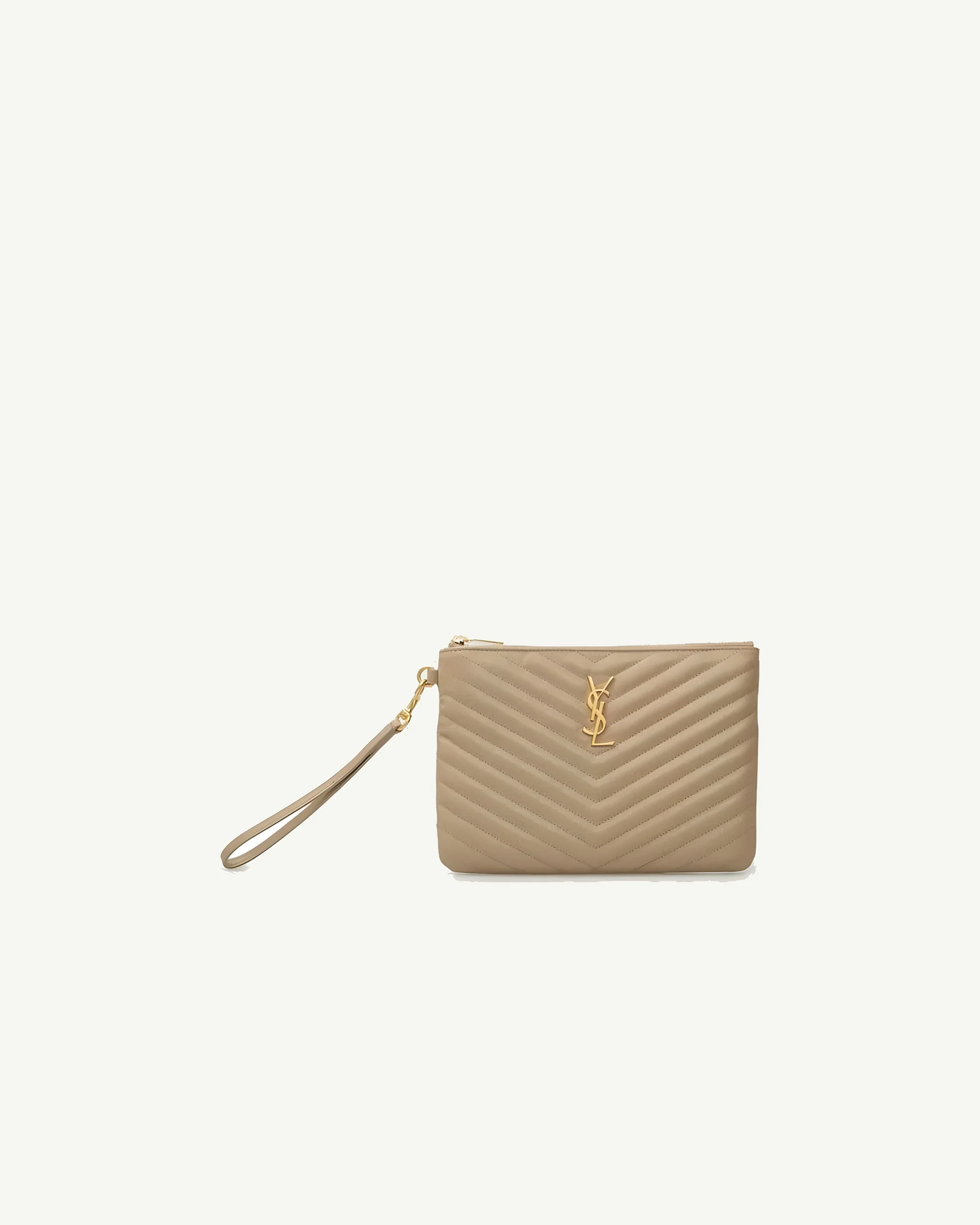 Saint Laurent Monogram Quilted Leather Pouch — Beige