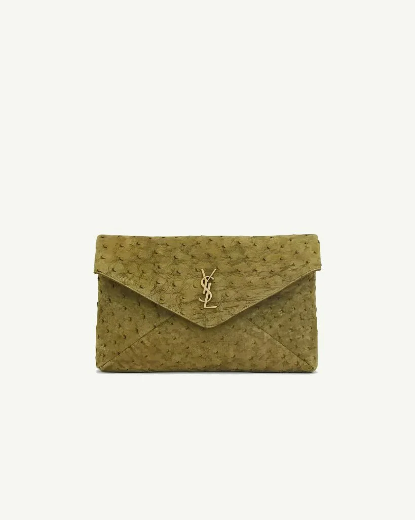 Saint Laurent Ostrich-Embossed Nubuck Foldover Pouch in Vert Moss