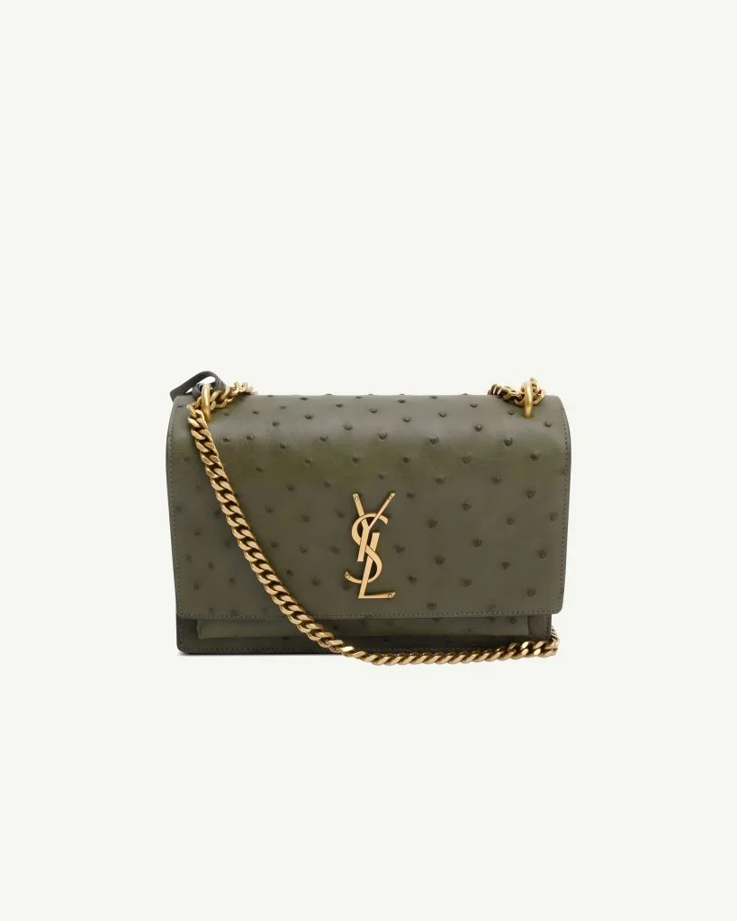 Saint Laurent Medium Sunset Shoulder Bag in Green Ostrich Leather
