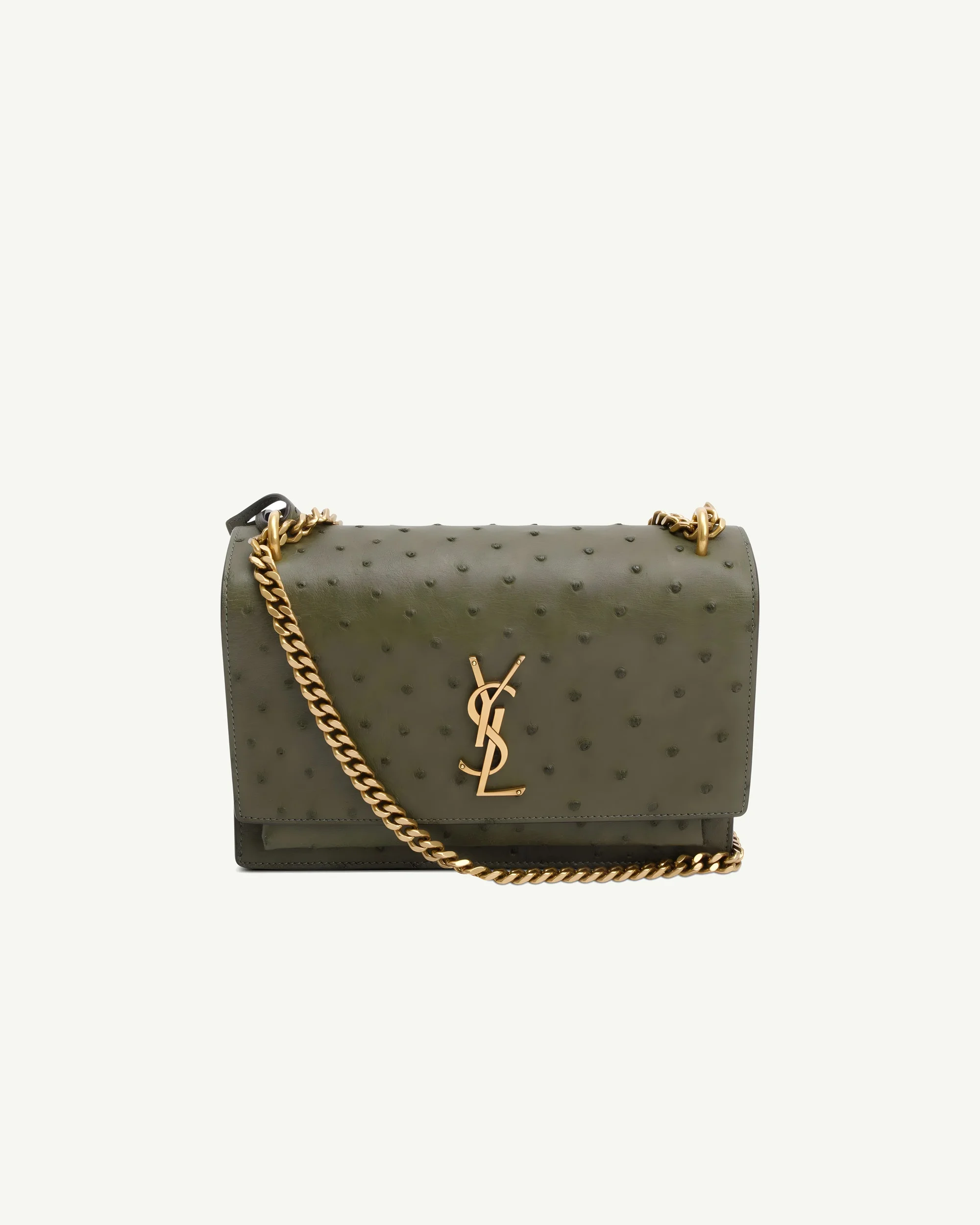 Saint Laurent Medium Sunset Shoulder Bag in Green Ostrich Leather