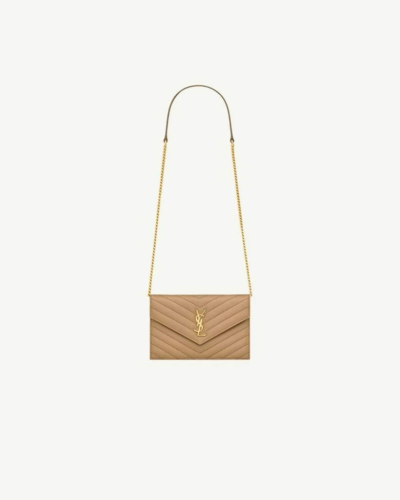 SAINT LAURENT Monogram Envelope Wallet on Chain — Caramel Brown